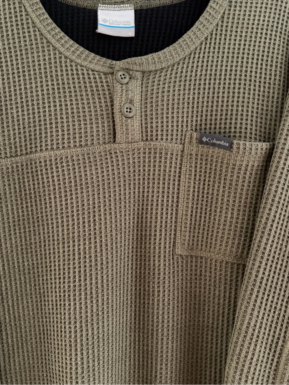 Columbia Olive Waffle-Knit Crewneck Sweater with Henley Placket
